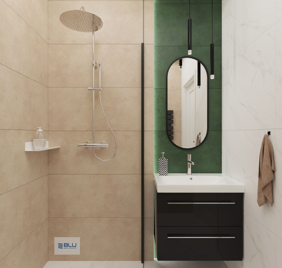 Beżowo - zielona łazienka z otwartą kabiną prysznicową bez brodzika.